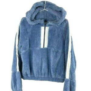 BP Womens Fuzzy Hooded Pullover Sweatshirt Blue & White Size S